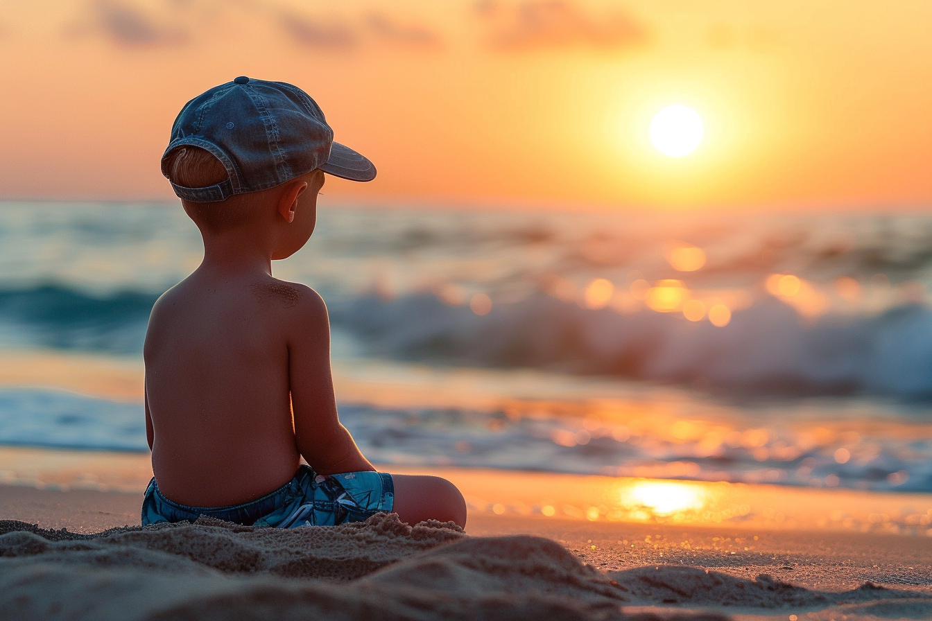Image gratuite Jeune garçon regardant le coucher du soleil sur les vagues 3