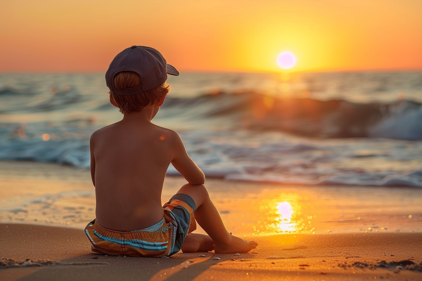Image gratuite Jeune garçon regardant le coucher du soleil sur les vagues 4