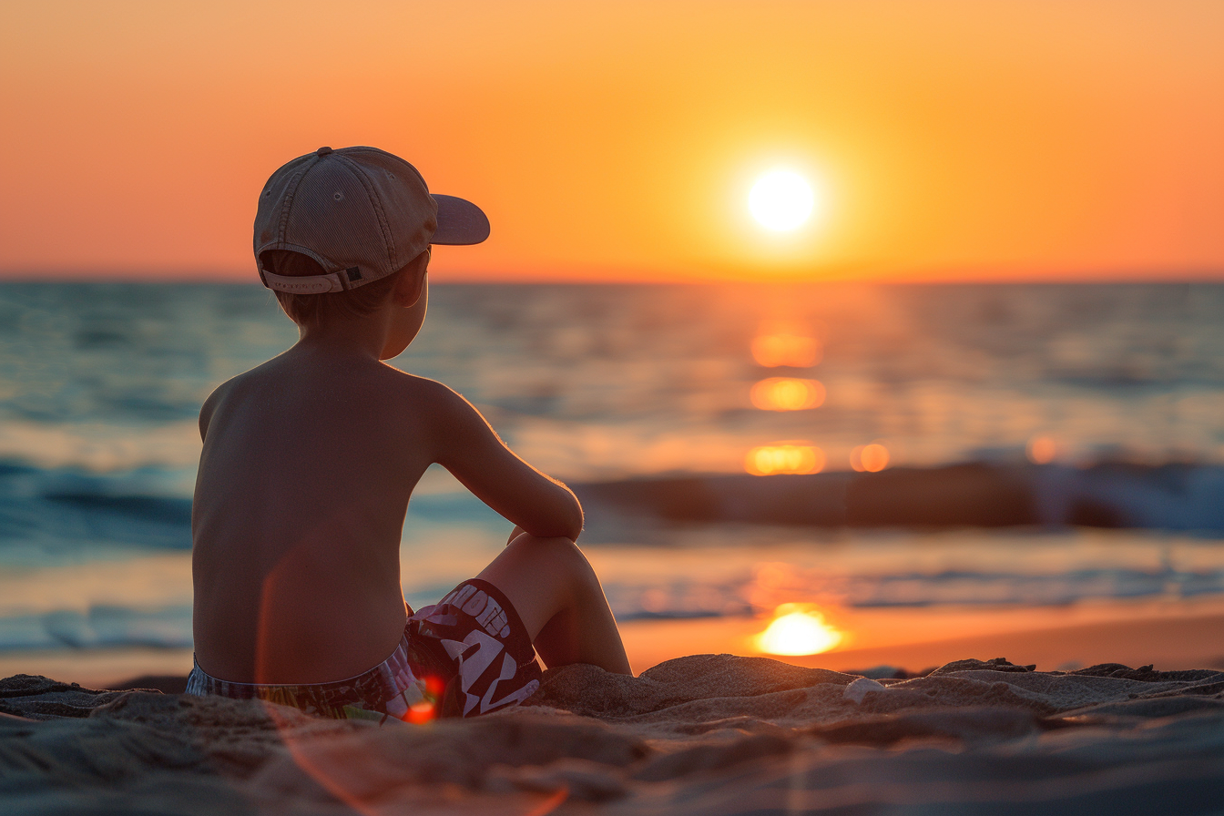 Image gratuite Jeune garçon regardant le coucher du soleil sur les vagues 6