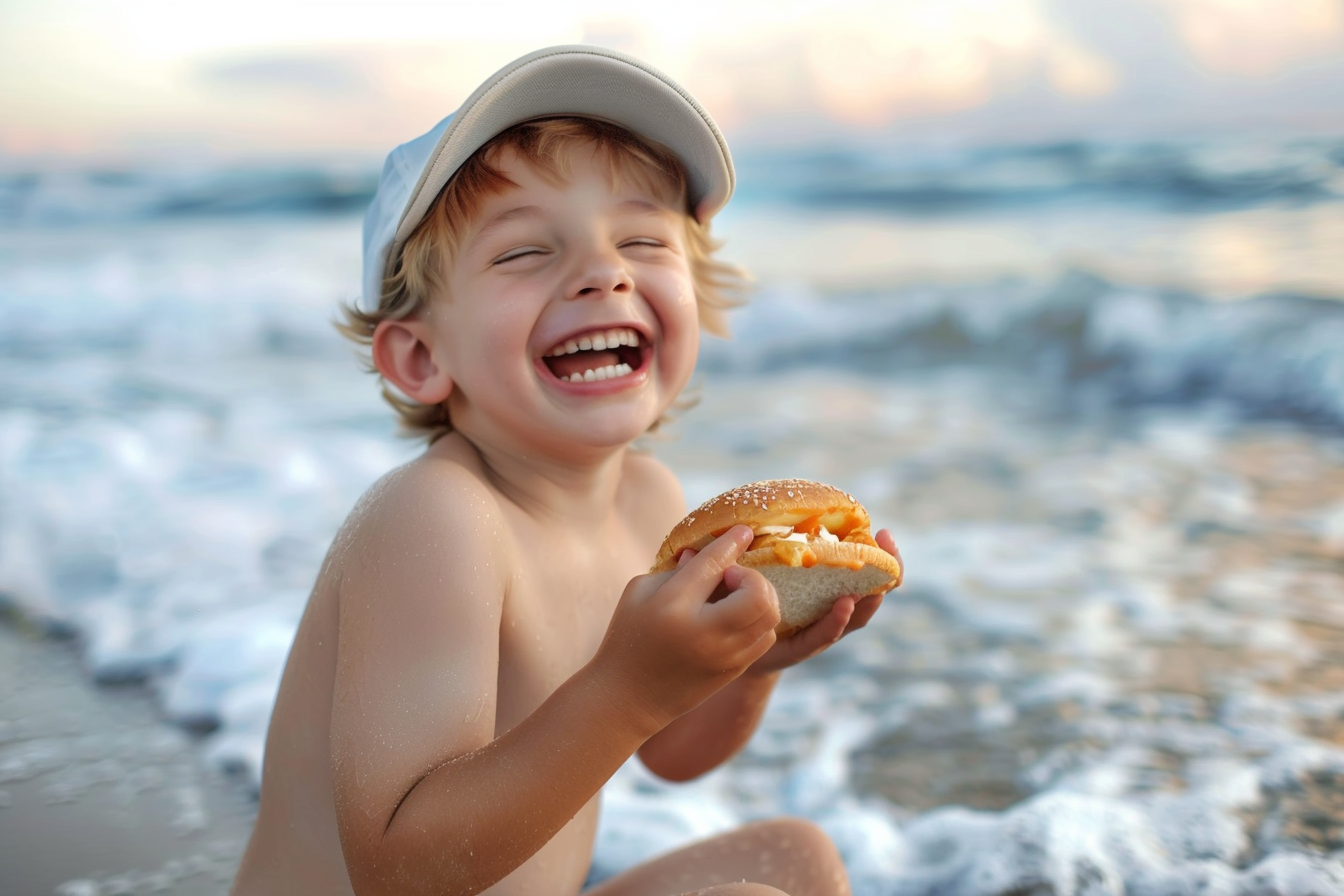 Image gratuite Jeune garçon riant et tenant un sandwich sur la plage 1