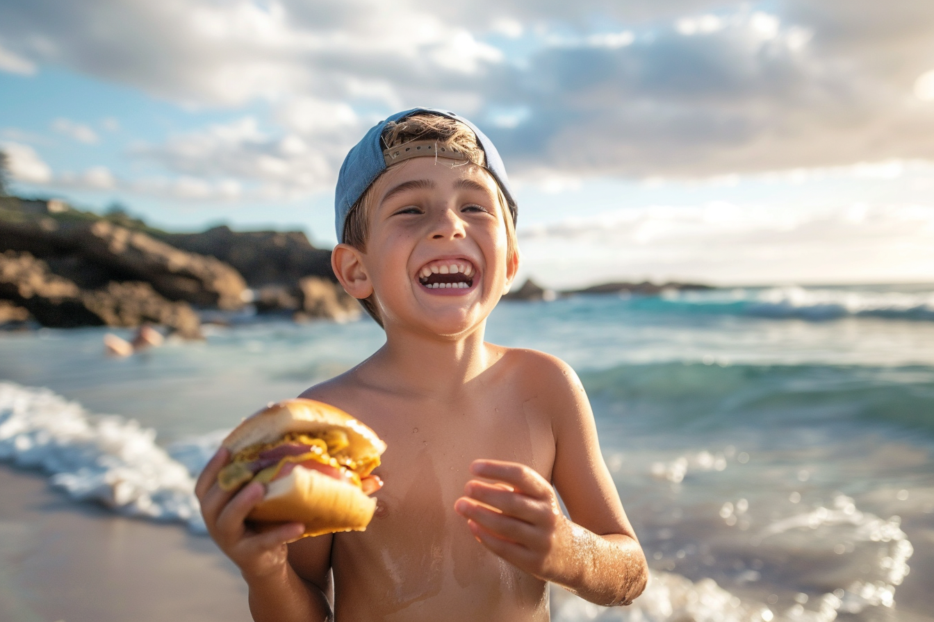Image gratuite Jeune garçon riant et tenant un sandwich sur la plage 2