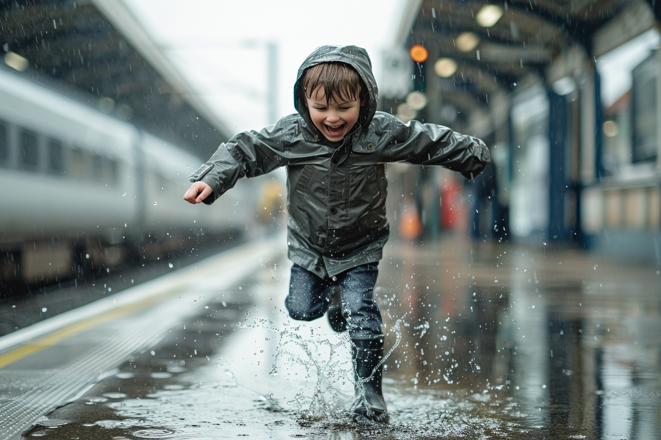 Image gratuite Jeune garçon sautant dans une flaque d&rsquo;eau à la gare 1