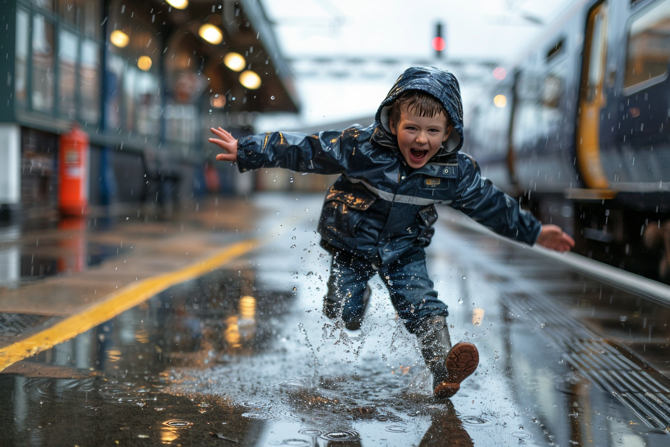 Image gratuite Jeune garçon sautant dans une flaque d&rsquo;eau à la gare 2