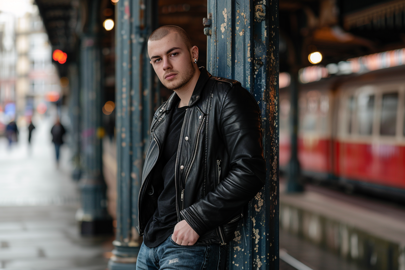 Image gratuite Jeune homme appuyé contre un pilier à la gare 1