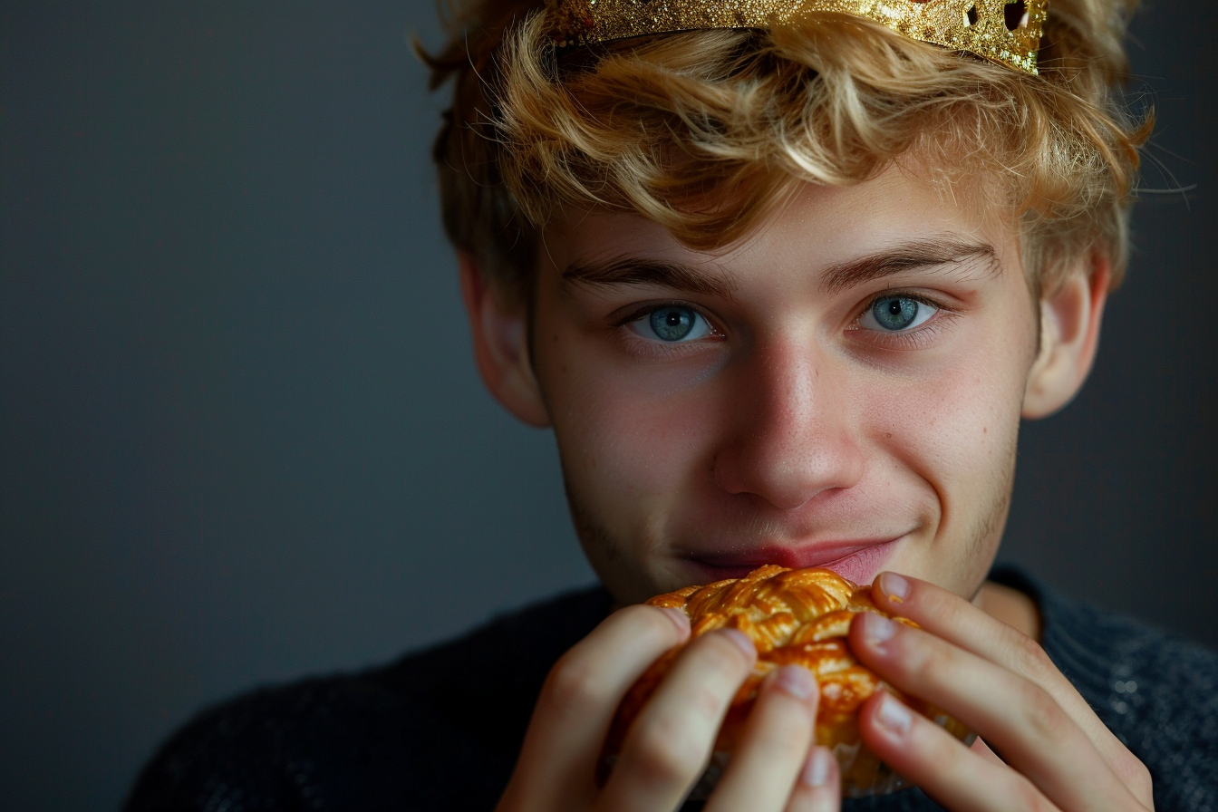 Image gratuite Jeune homme aux cheveux blonds savoure Galette des Rois 1