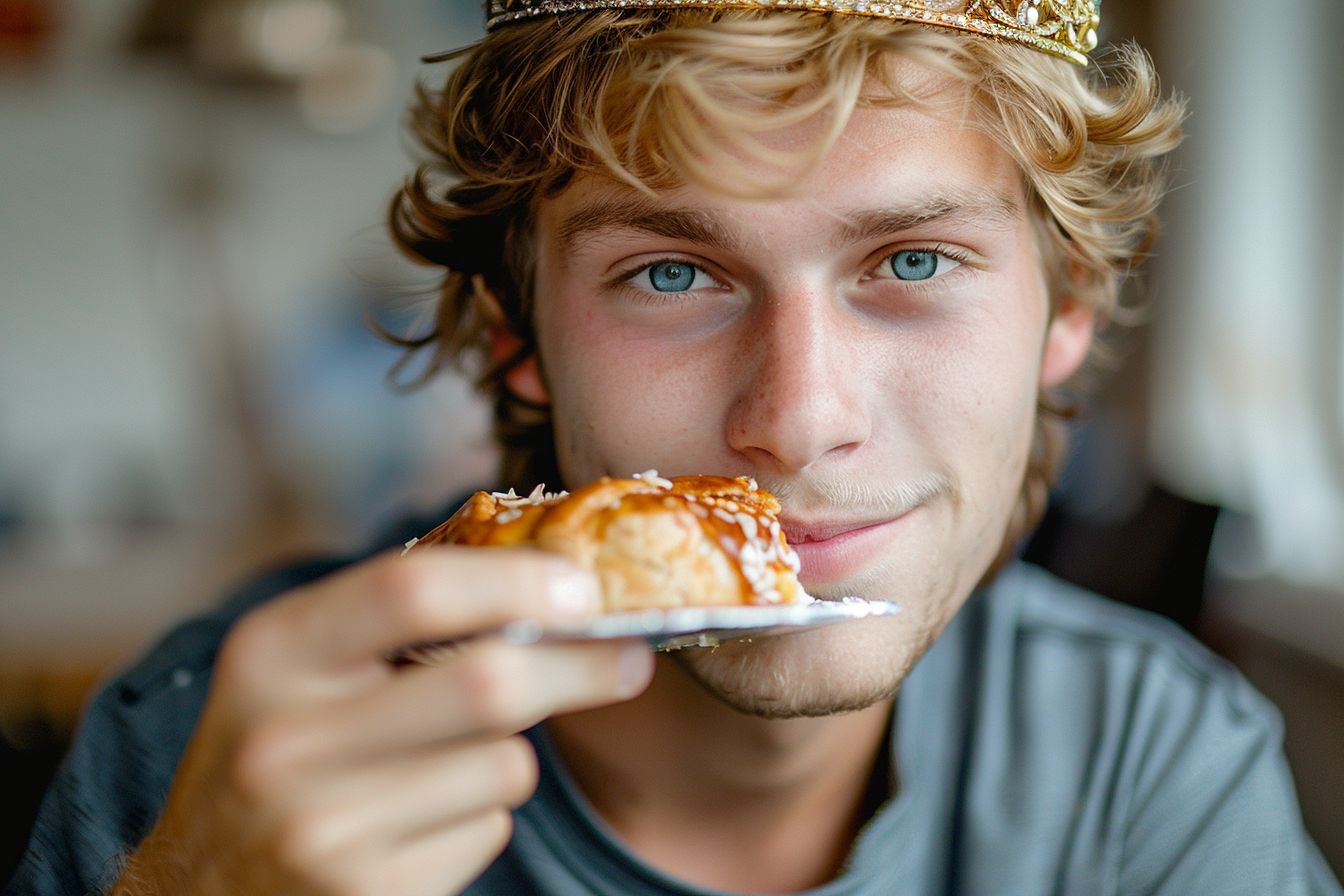 Image gratuite Jeune homme aux cheveux blonds savoure Galette des Rois 4
