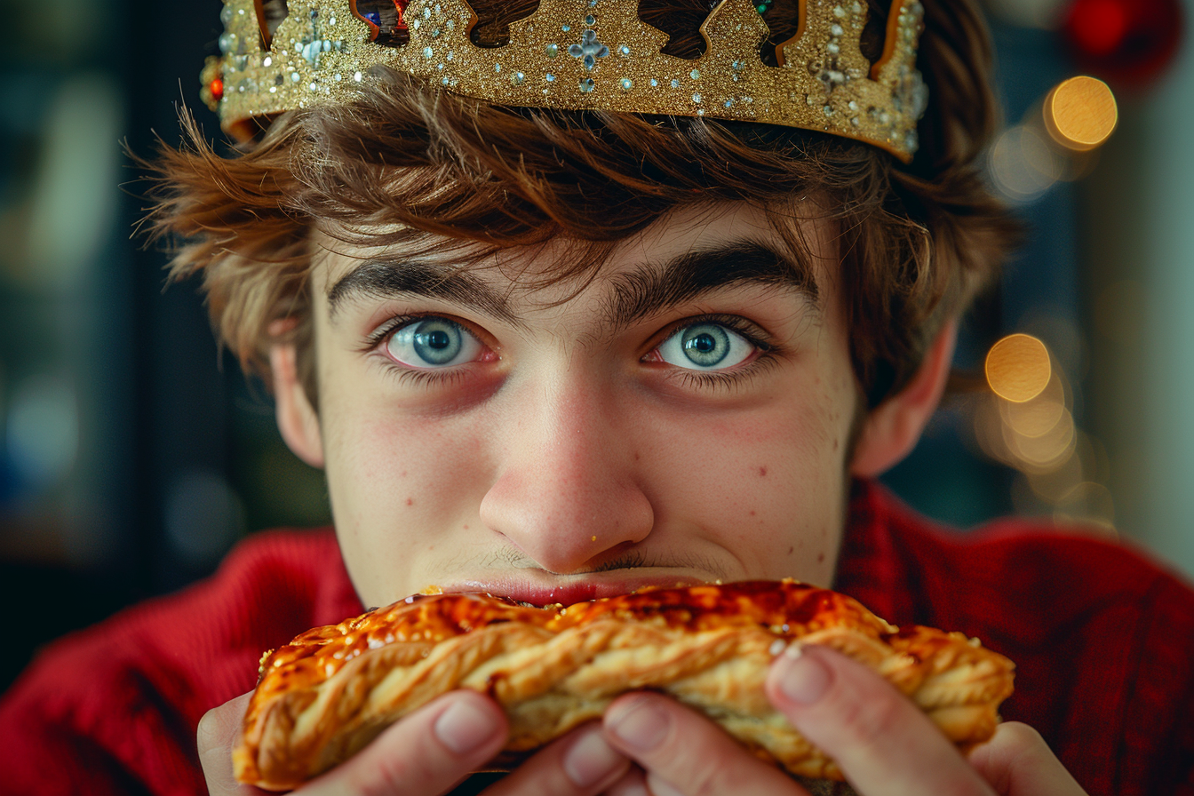 Image gratuite Jeune homme aux cheveux bruns se délecte Galette des Rois 2