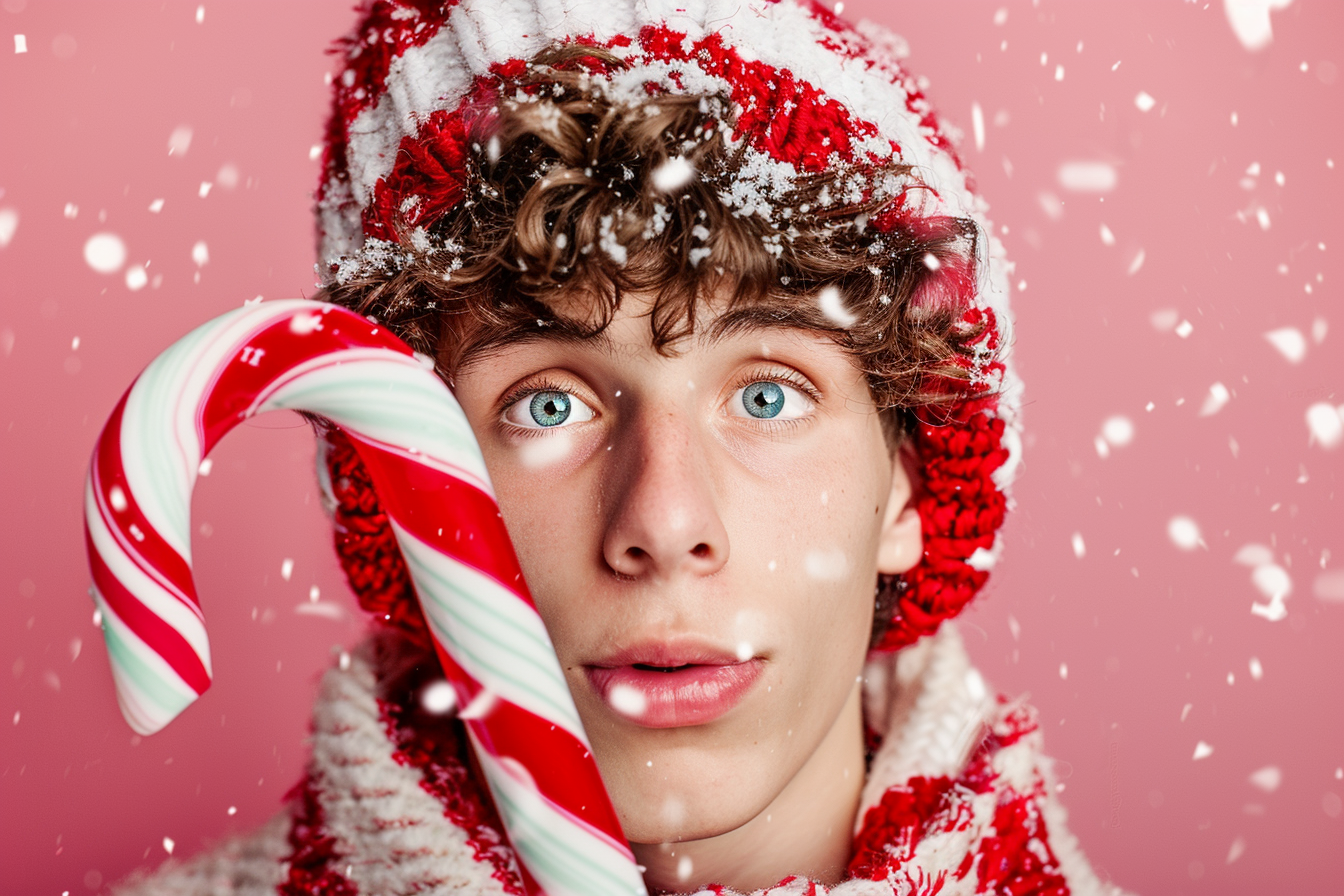 Image gratuite Jeune homme canne à sucre festive sur fond rose sucré 1