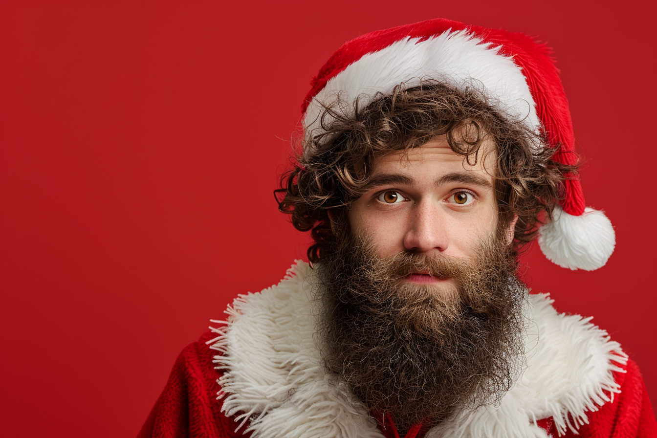 Image gratuite Jeune homme déguisé en Père Noël sur fond rouge 1