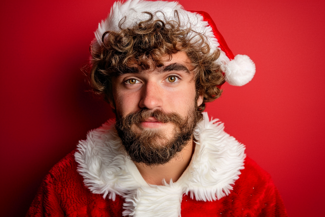 Image gratuite Jeune homme déguisé en Père Noël sur fond rouge 2
