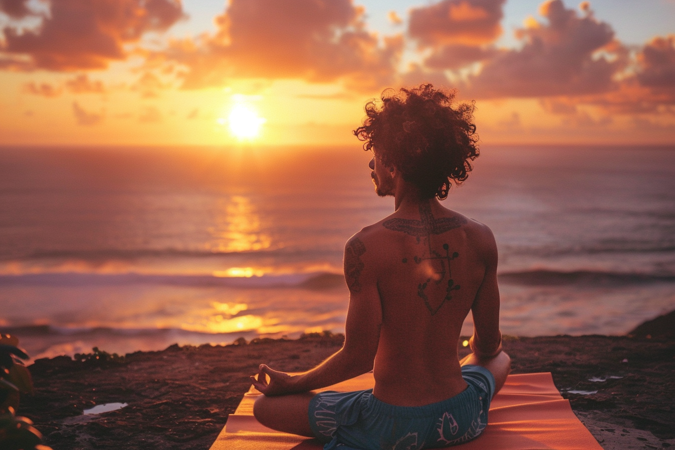 Image gratuite Jeune homme faisant du yoga au coucher du soleil sur l&rsquo;océan 1