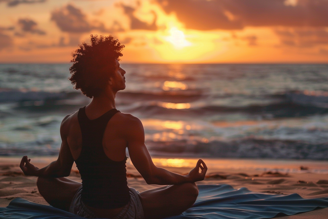 Image gratuite Jeune homme faisant du yoga au coucher du soleil sur l&rsquo;océan 2