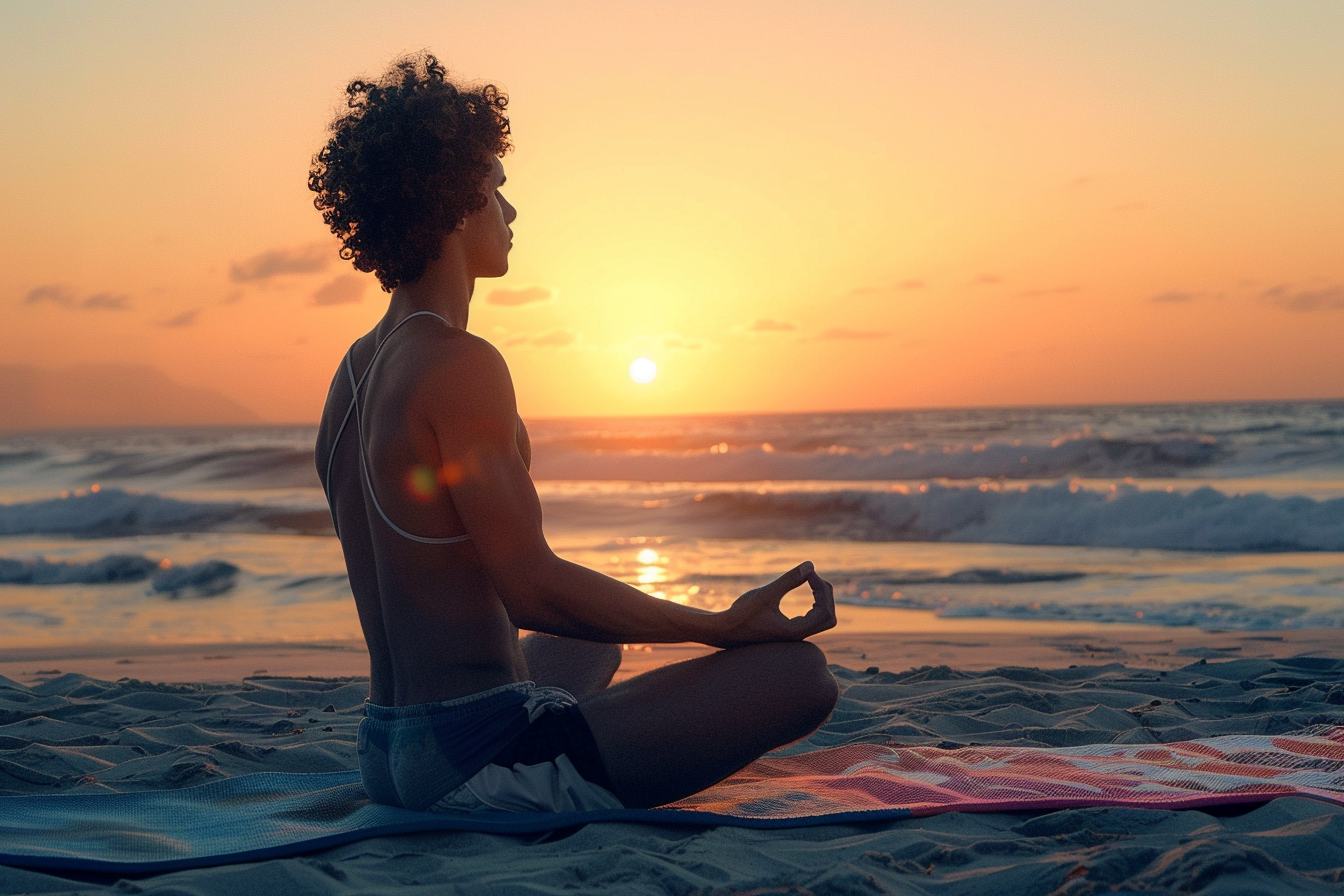 Image gratuite Jeune homme faisant du yoga au coucher du soleil sur l&rsquo;océan 3