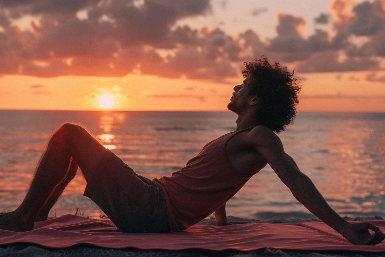 Image gratuite Jeune homme faisant du yoga au coucher du soleil sur l&rsquo;océan 4