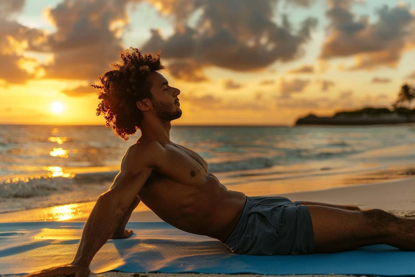 Image gratuite Jeune homme faisant du yoga au coucher du soleil sur l&rsquo;océan 5
