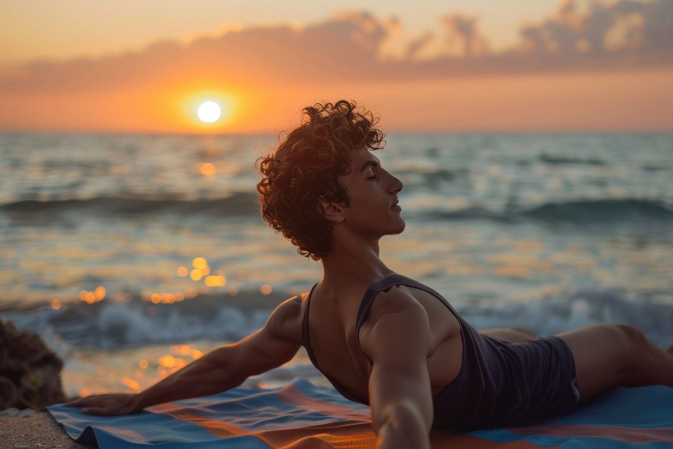 Image gratuite Jeune homme faisant du yoga au coucher du soleil sur l&rsquo;océan 6