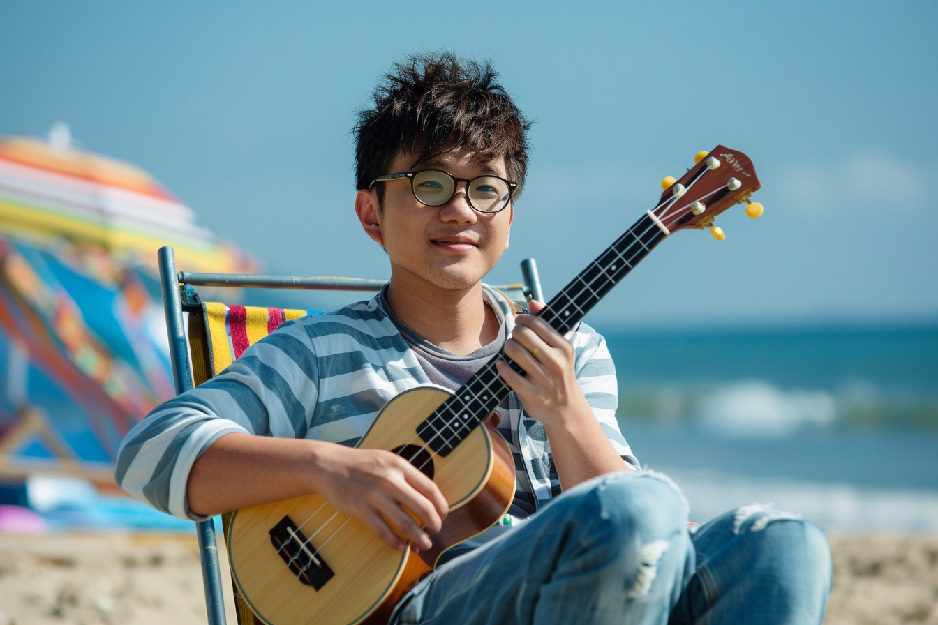 Image gratuite Jeune homme jouant du ukulélé sur la plage 1