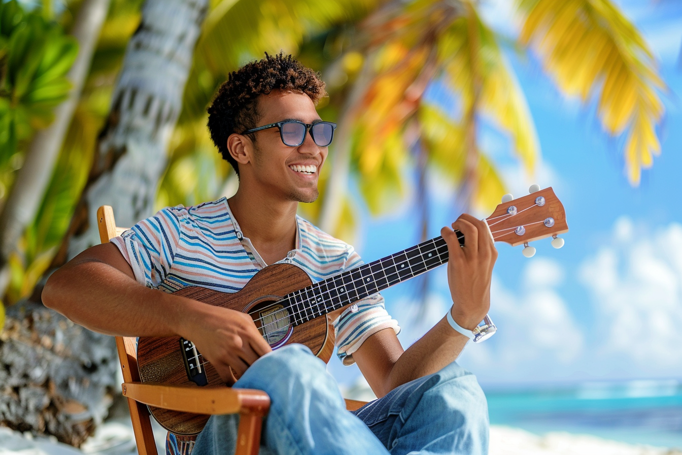 Image gratuite Jeune homme jouant du ukulélé sur la plage 2