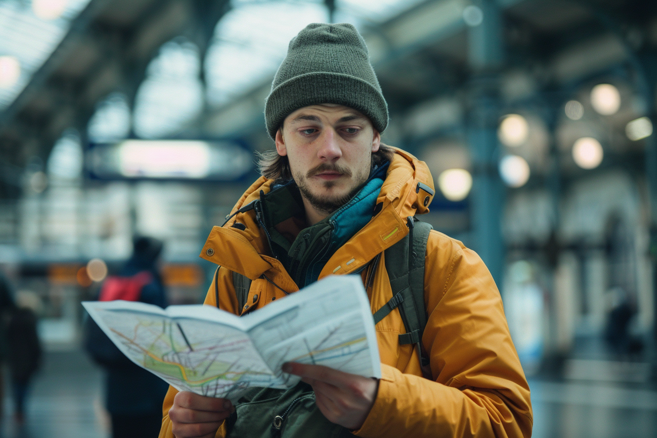 Image gratuite Jeune homme lisant une carte dans la gare animée 1