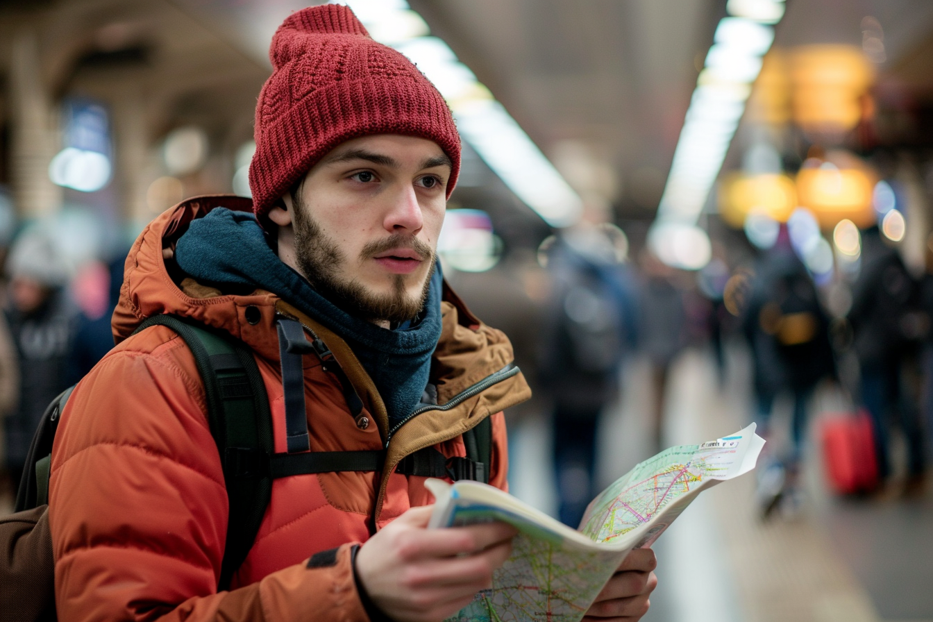 Image gratuite Jeune homme lisant une carte dans la gare animée 2