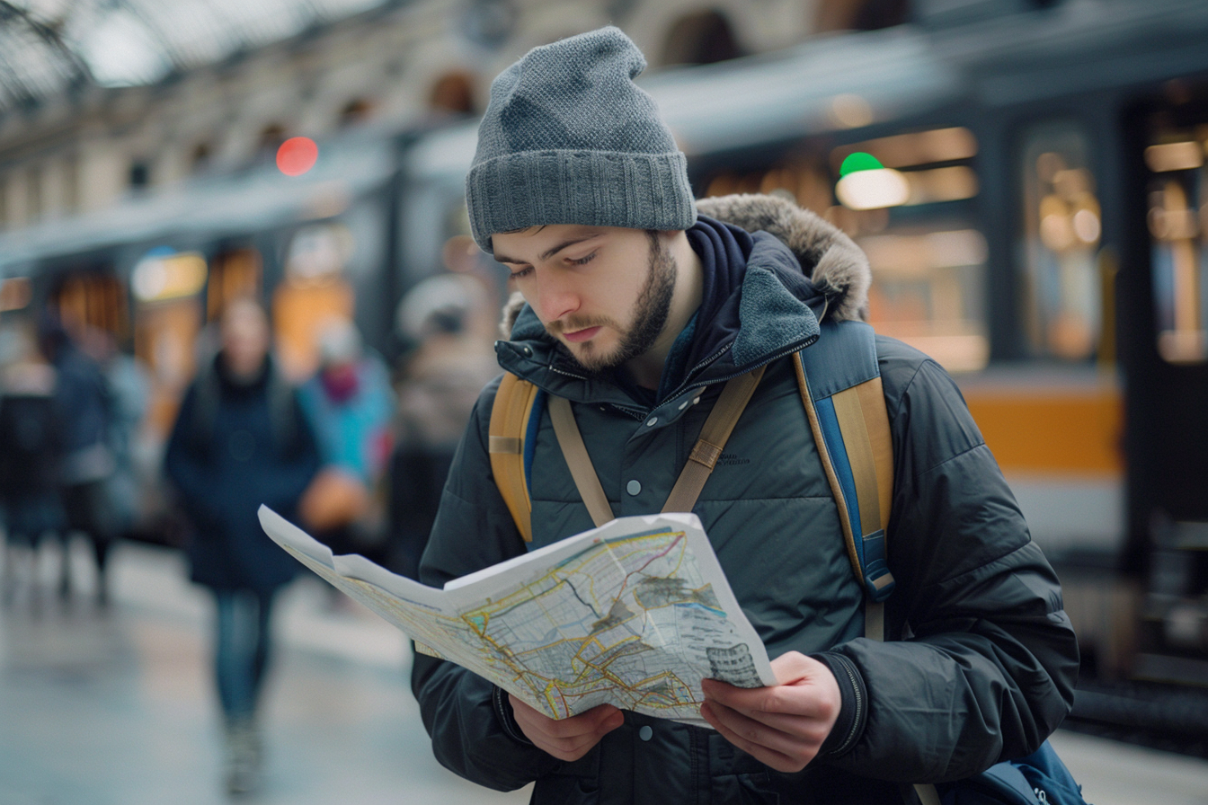 Image gratuite Jeune homme lisant une carte dans la gare animée 3