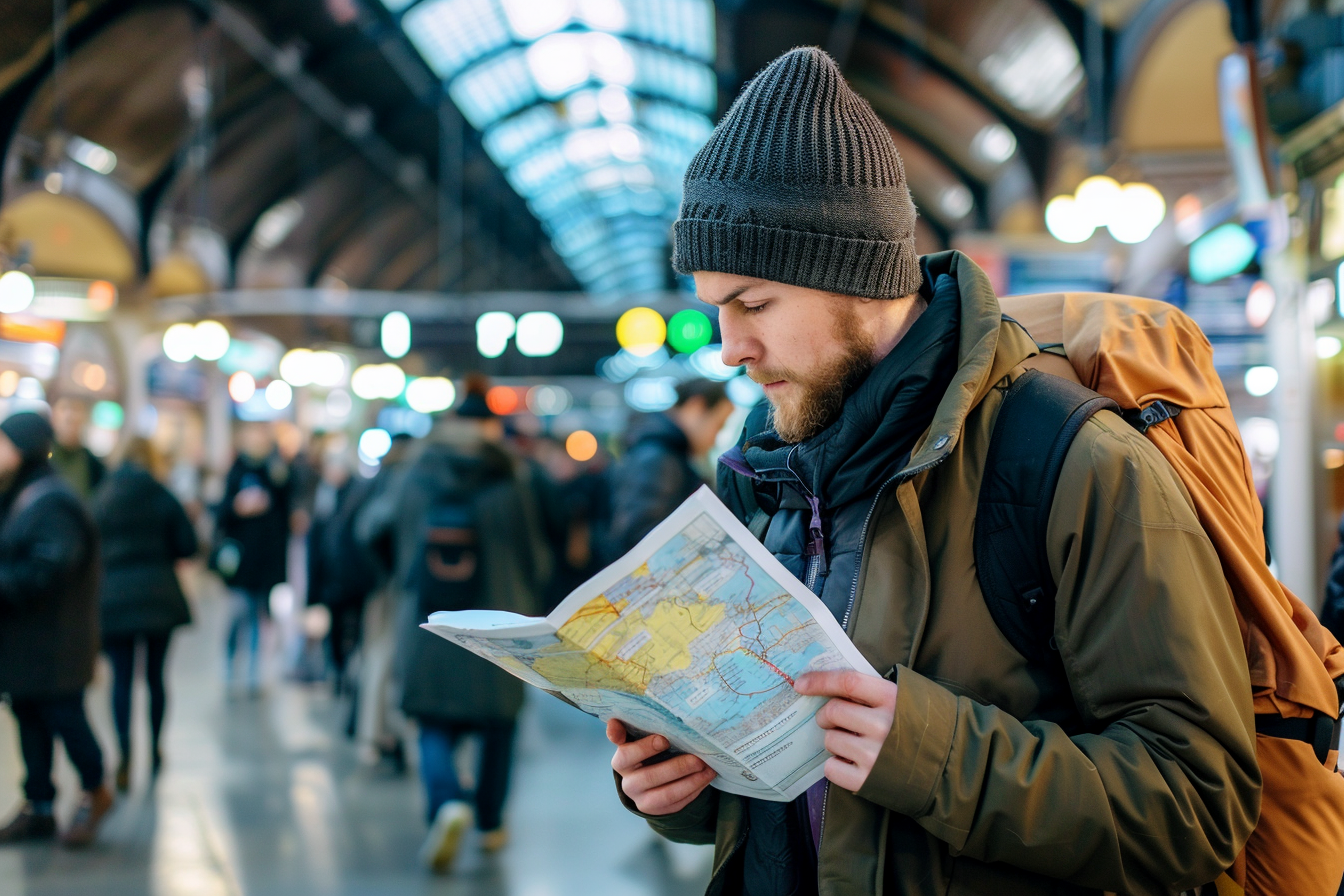 Image gratuite Jeune homme lisant une carte dans la gare animée 4