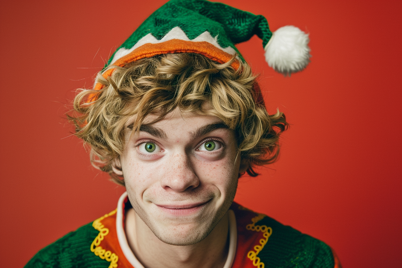 Image gratuite Jeune homme lutin joyeux sur fond rouge vif 1