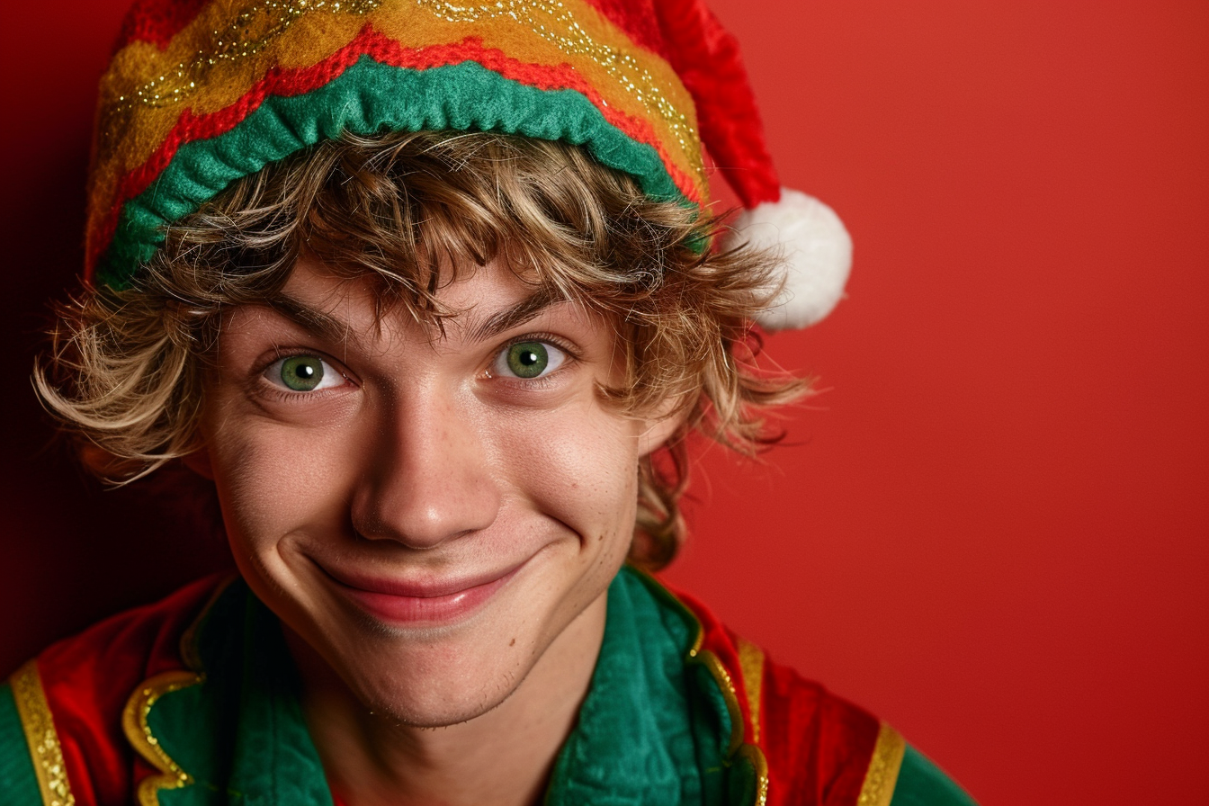 Image gratuite Jeune homme lutin joyeux sur fond rouge vif 2