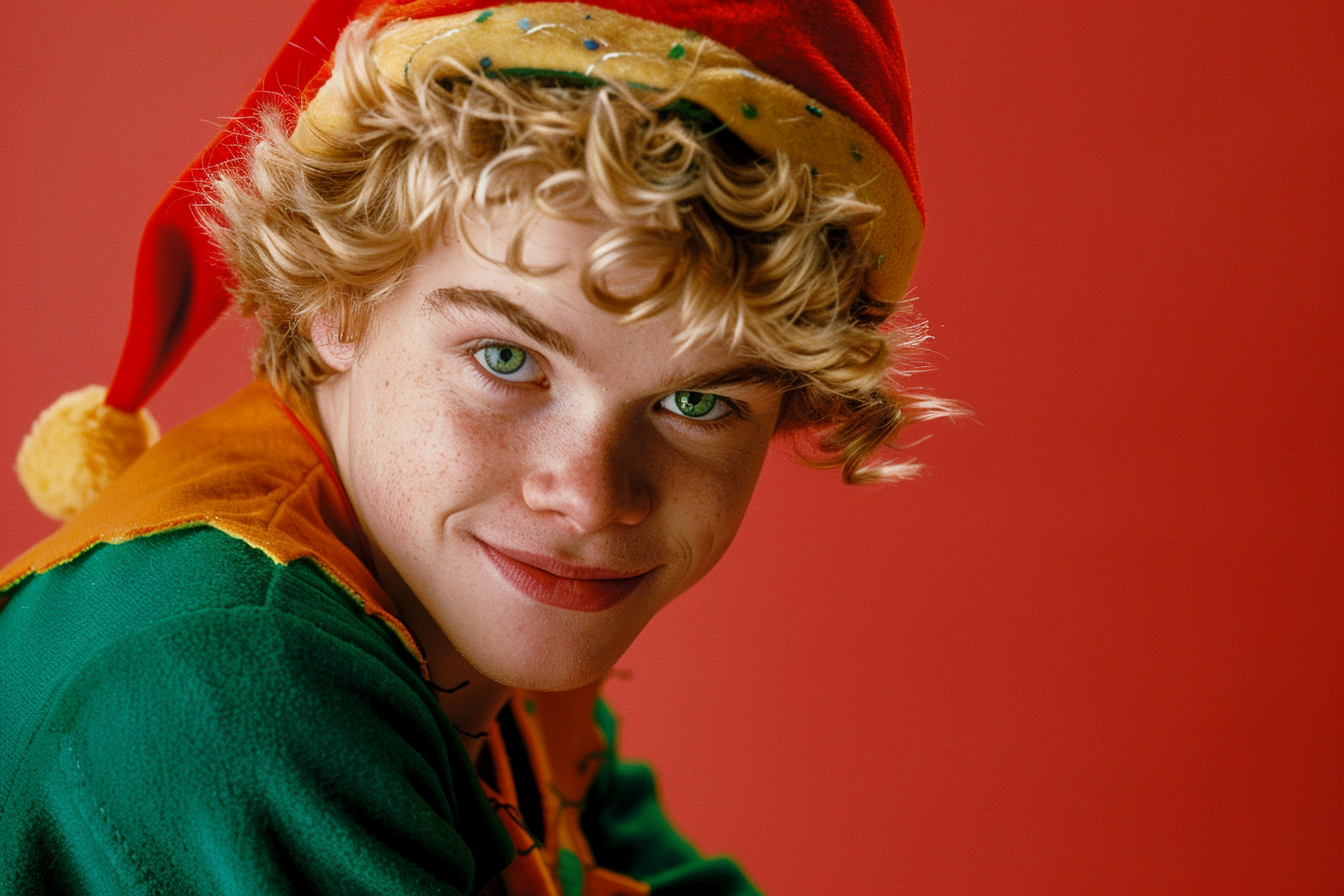 Image gratuite Jeune homme lutin joyeux sur fond rouge vif 3