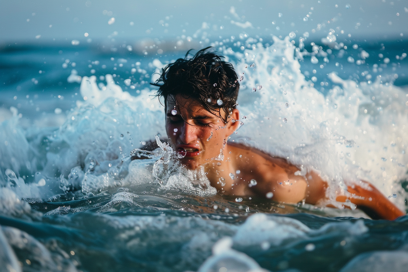 Image gratuite Jeune homme nageant dans la mer avec des vagues déferlantes 1