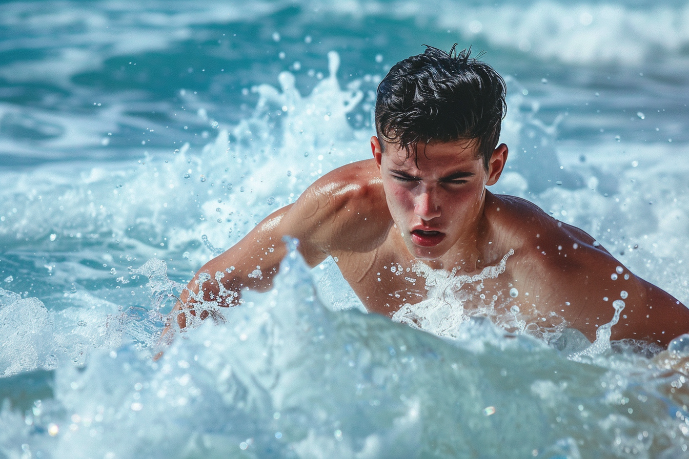 Image gratuite Jeune homme nageant dans la mer avec des vagues déferlantes 2