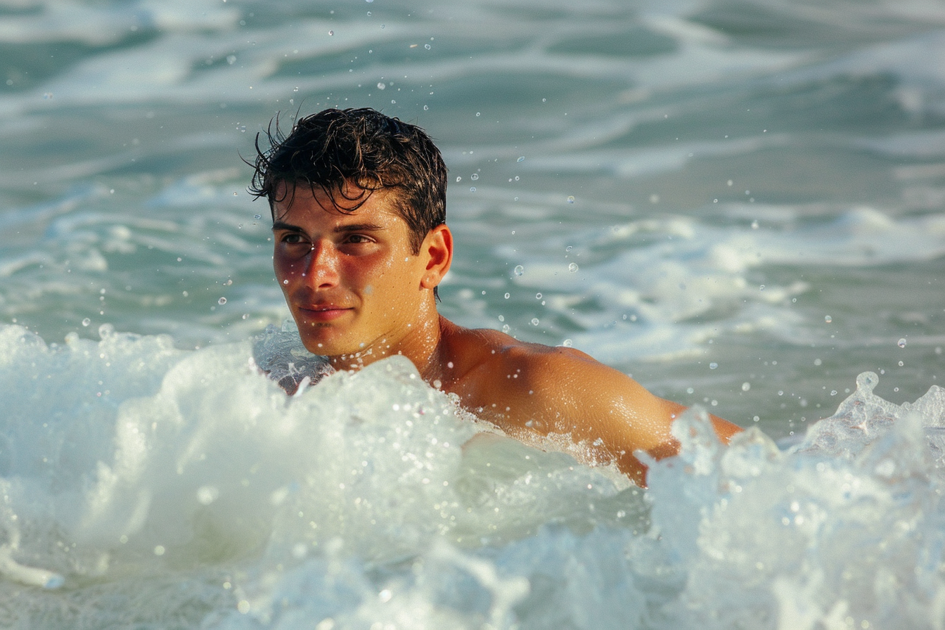 Image gratuite Jeune homme nageant dans la mer avec des vagues déferlantes 3