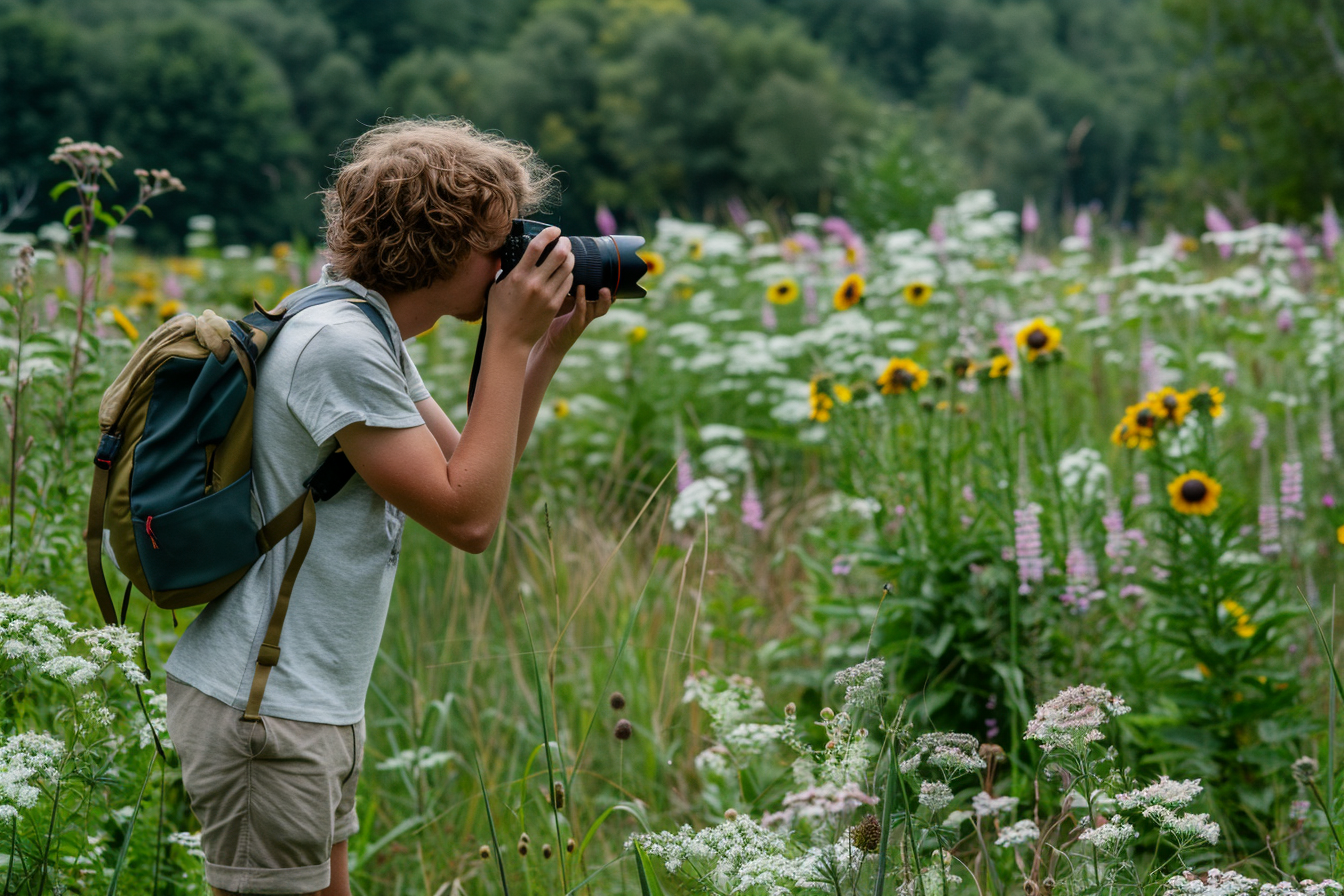 Image gratuite Jeune homme photographiant des fleurs dans une prairie 1