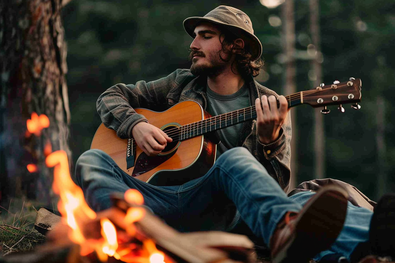 Image gratuite Jeune homme près d&rsquo;un feu de camp rural 2