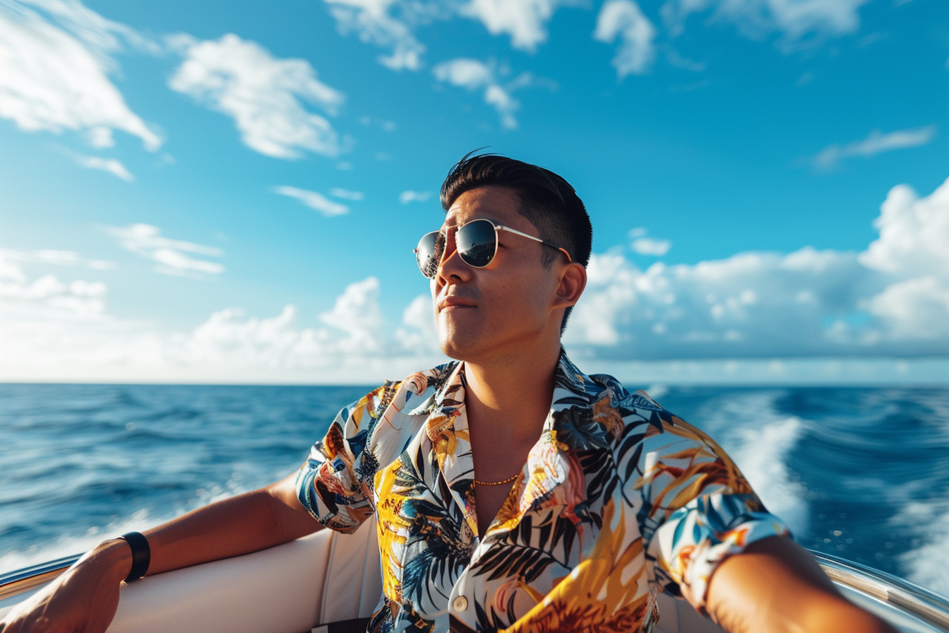 Image gratuite Jeune homme relaxant sur un bateau rapide avec l&rsquo;océan autour 1