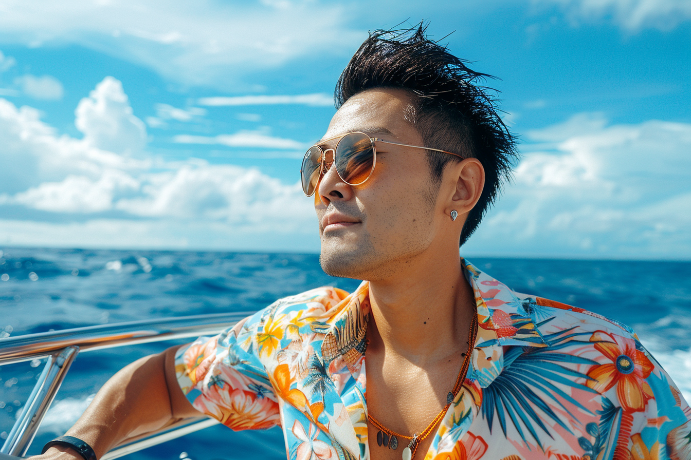 Image gratuite Jeune homme relaxant sur un bateau rapide avec l&rsquo;océan autour 14