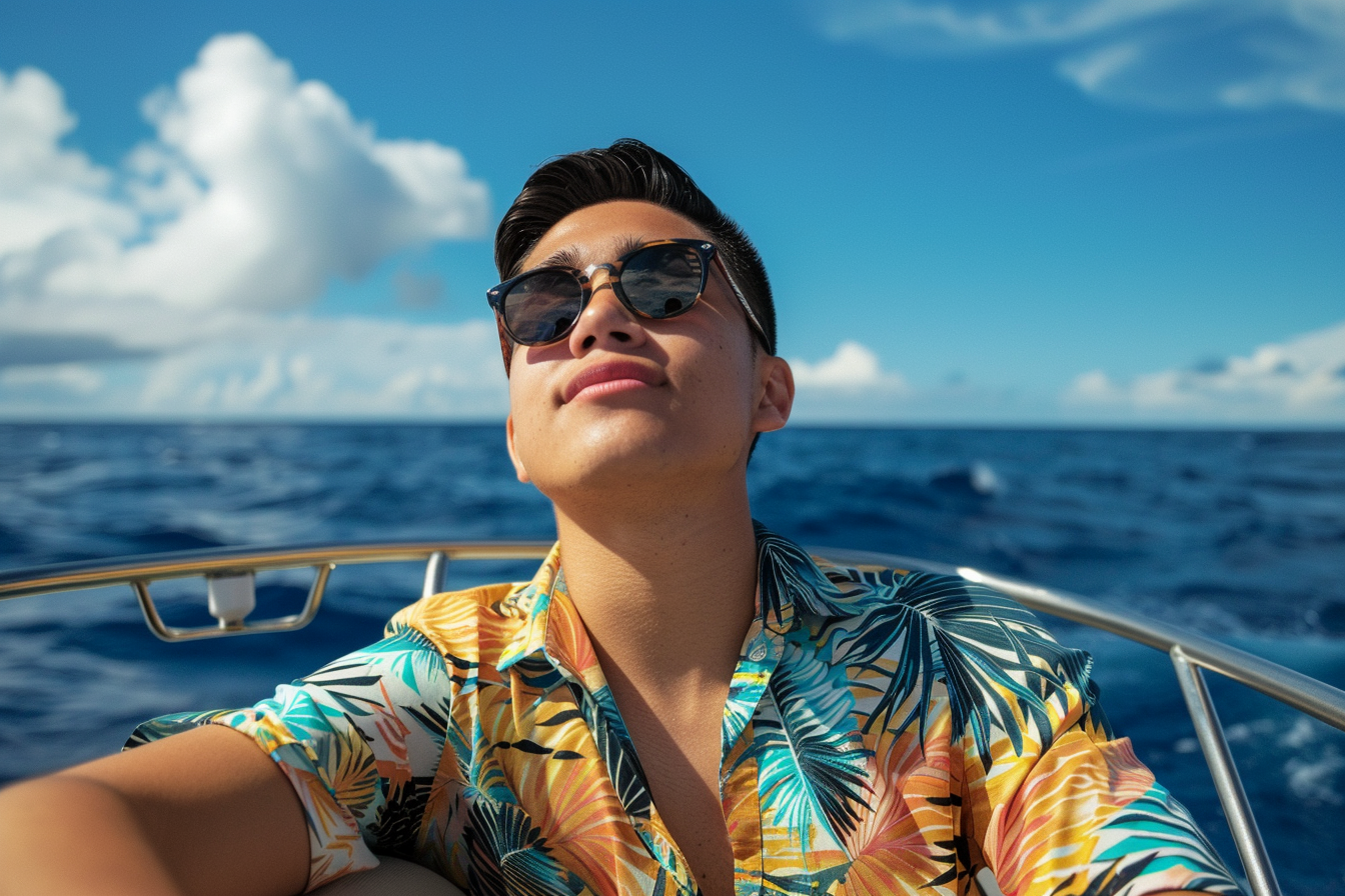 Image gratuite Jeune homme relaxant sur un bateau rapide avec l&rsquo;océan autour 16