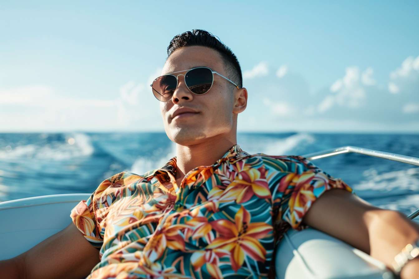 Image gratuite Jeune homme relaxant sur un bateau rapide avec l&rsquo;océan autour 2