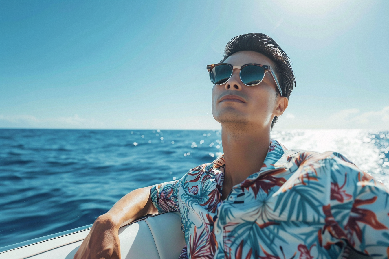 Image gratuite Jeune homme relaxant sur un bateau rapide avec l&rsquo;océan autour 3