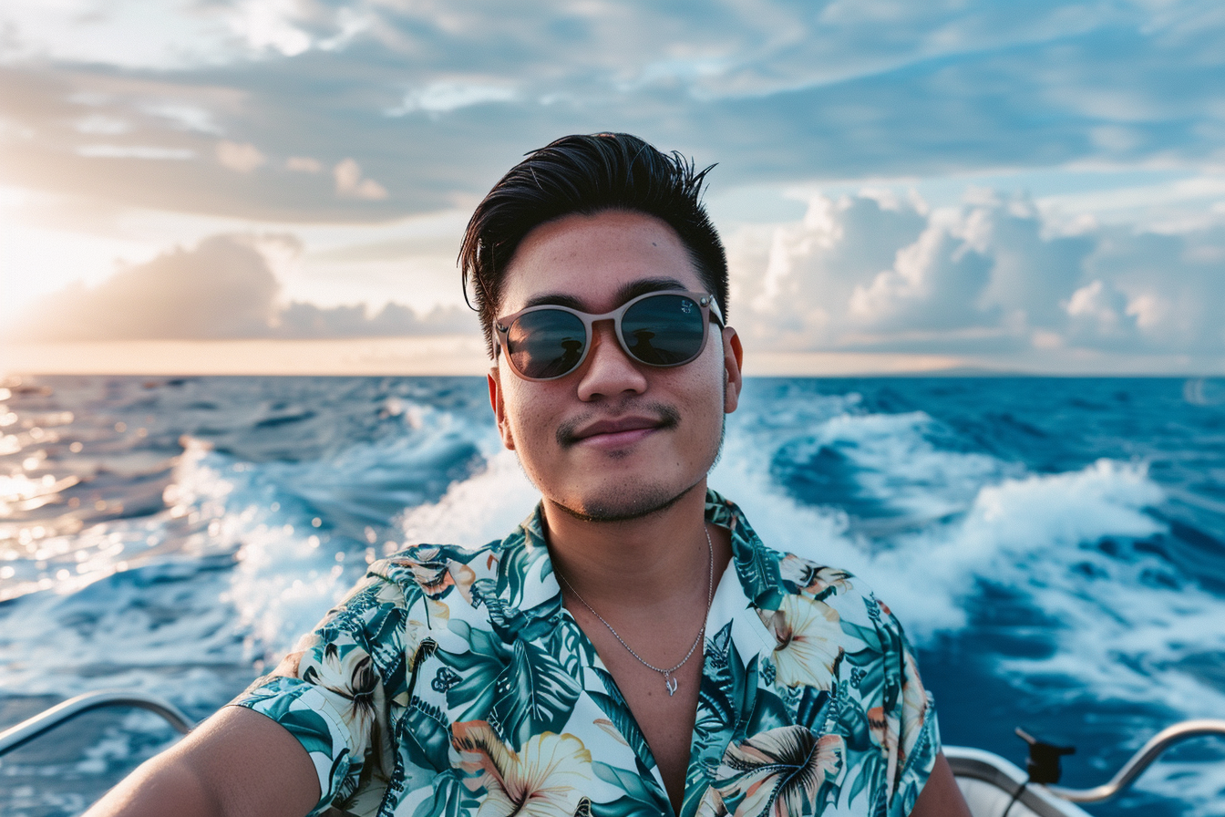 Image gratuite Jeune homme relaxant sur un bateau rapide avec l&rsquo;océan autour 6