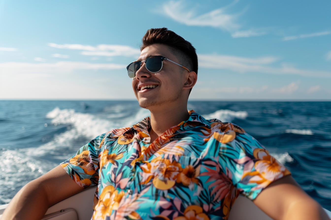 Image gratuite Jeune homme relaxant sur un bateau rapide avec l&rsquo;océan autour 8