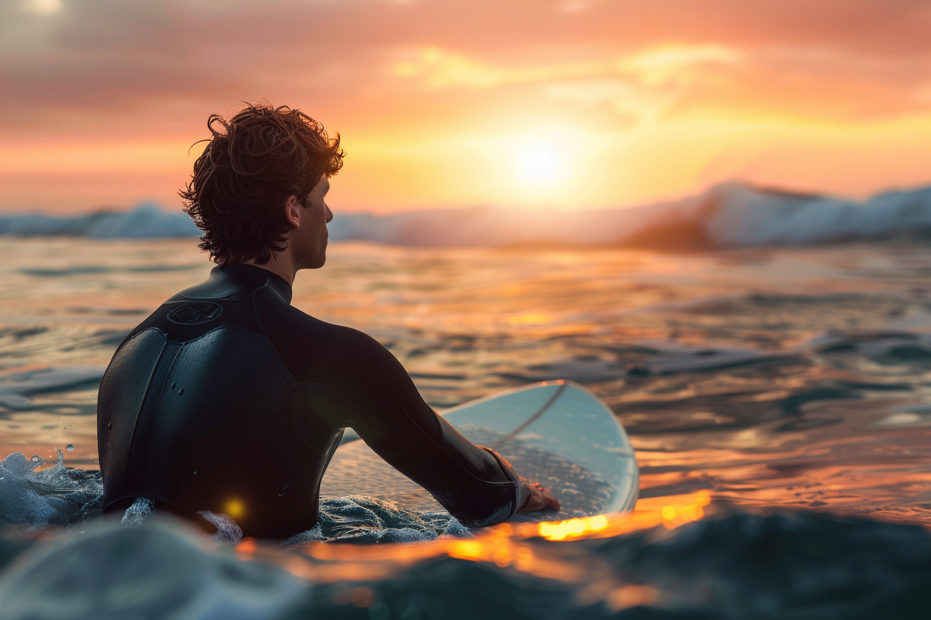 Image gratuite Jeune homme sur une planche de surf regardant le lever du soleil 1
