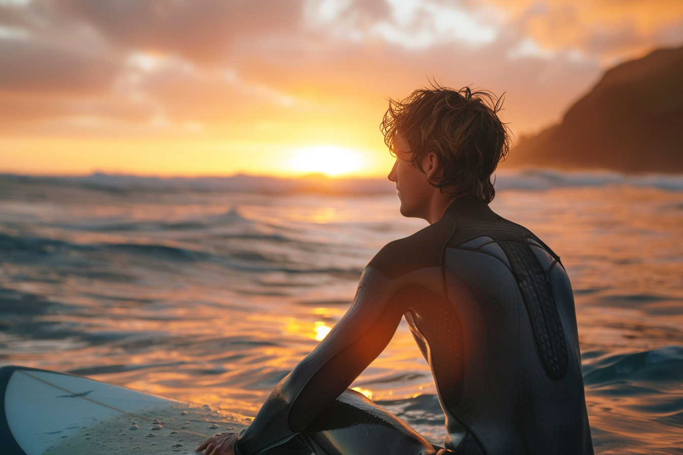 Image gratuite Jeune homme sur une planche de surf regardant le lever du soleil 2