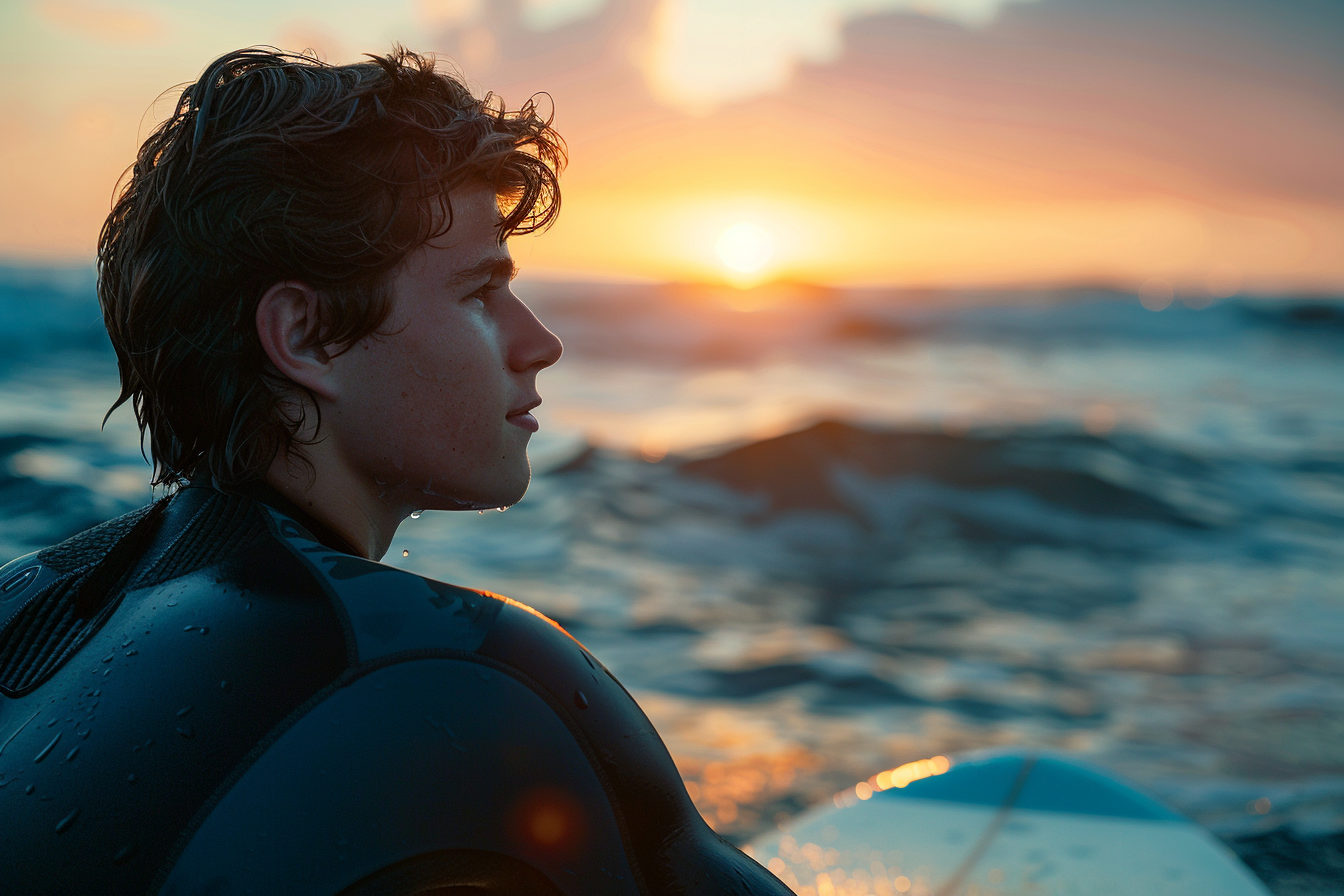 Image gratuite Jeune homme sur une planche de surf regardant le lever du soleil 5