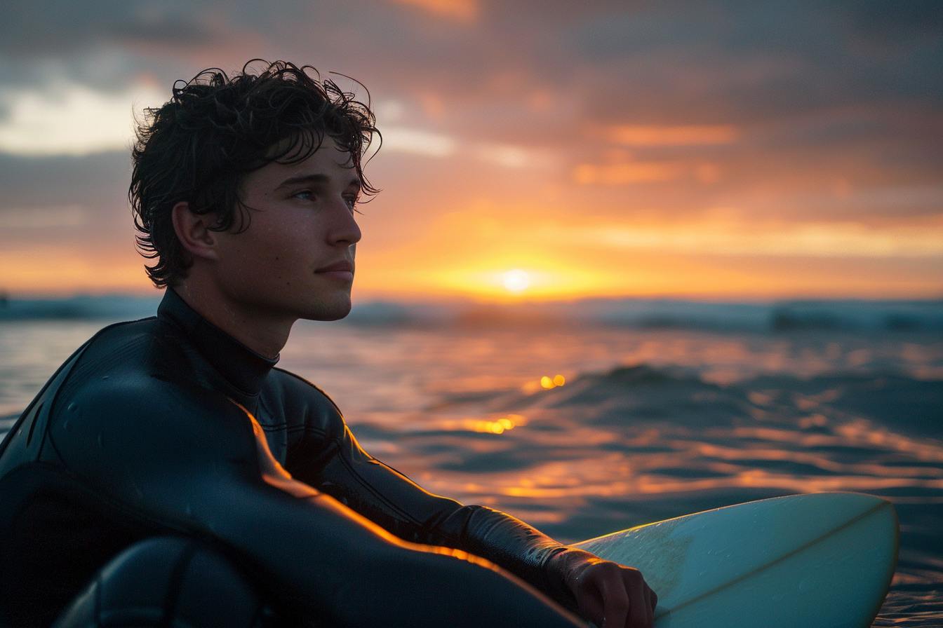 Image gratuite Jeune homme sur une planche de surf regardant le lever du soleil 6