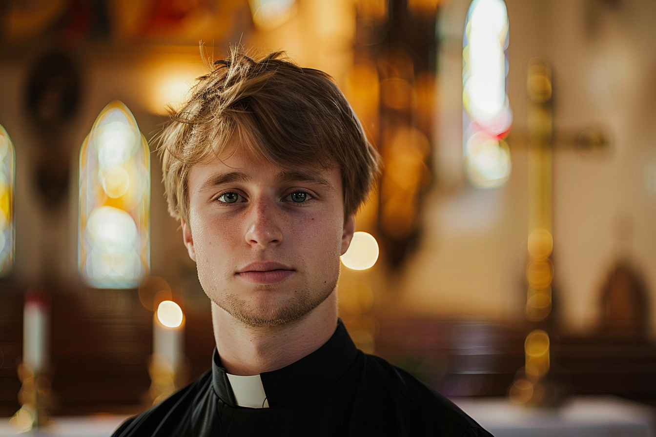 Image gratuite Jeune prêtre, cheveux blonds, yeux verts, église 1