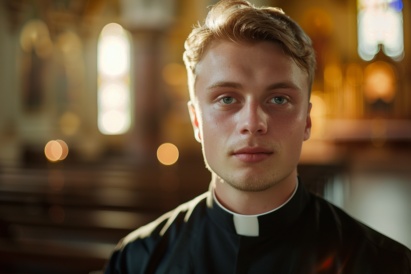 Image gratuite Jeune prêtre, cheveux blonds, yeux verts, église 2