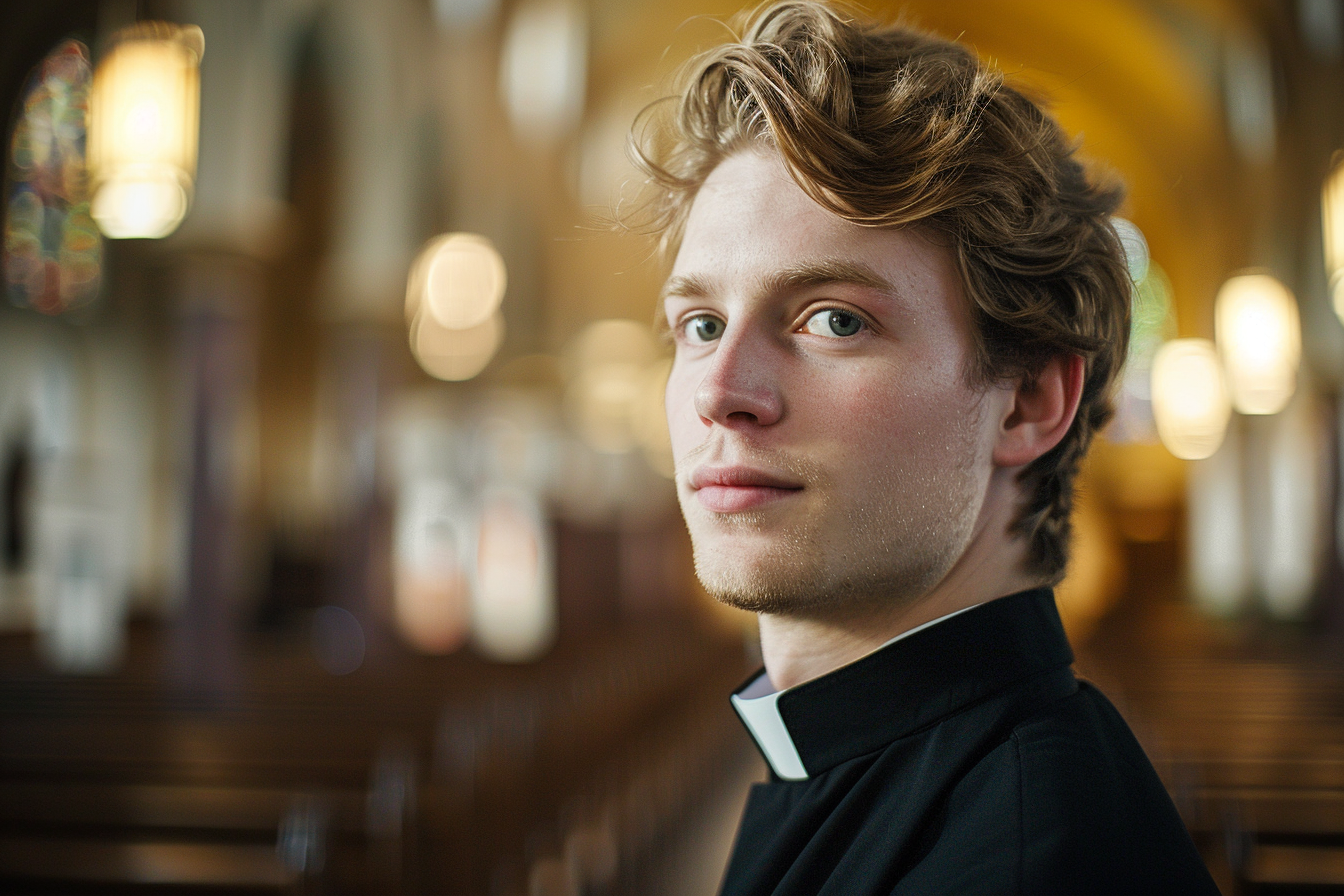 Image gratuite Jeune prêtre, cheveux blonds, yeux verts, église 3