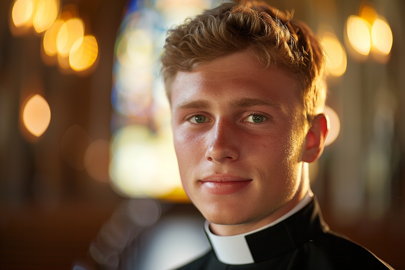 Image gratuite Jeune prêtre, cheveux blonds, yeux verts, église 4