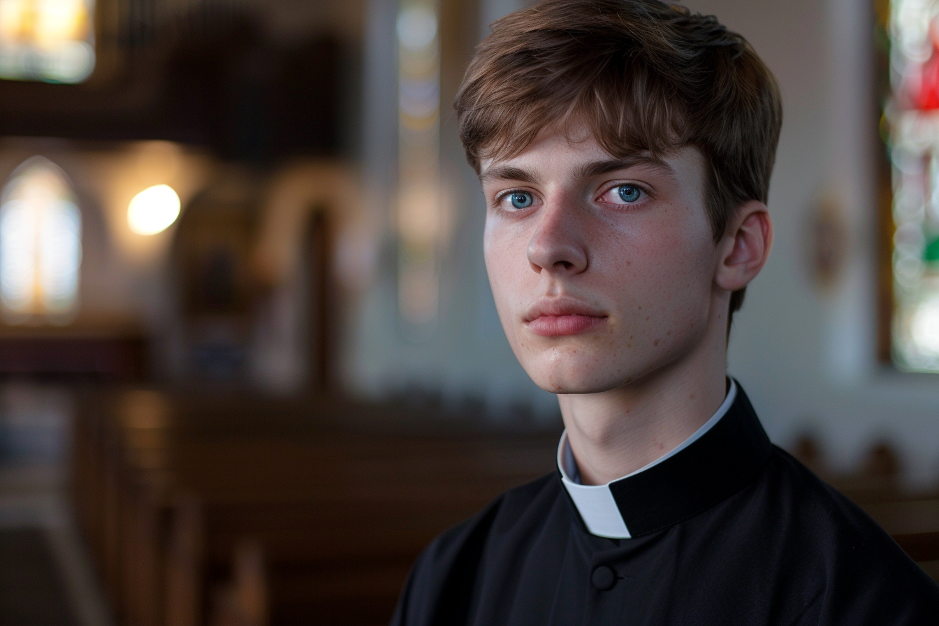 Image gratuite Jeune prêtre, cheveux bruns, yeux bleus, chapelle 1
